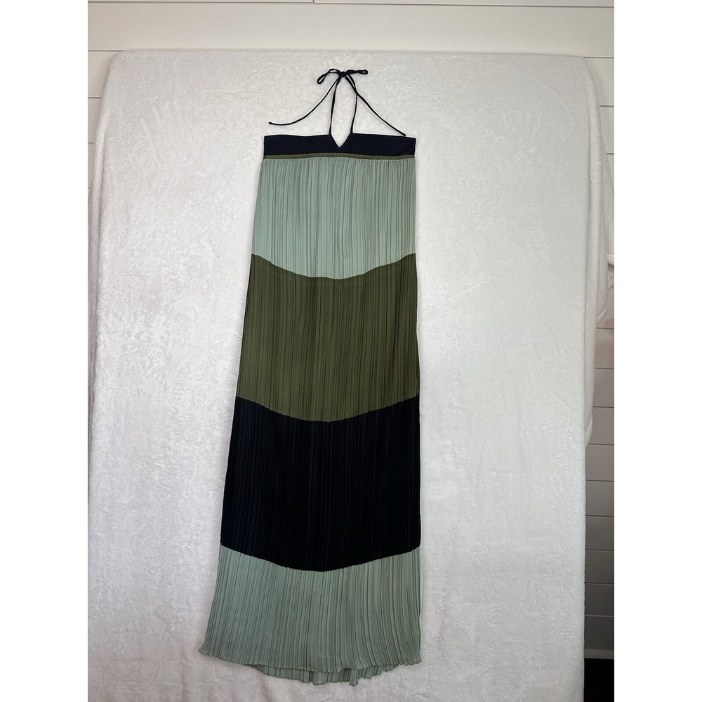Derek‎ Lam 10 Crosby Size 2 Tie Neck Long Dress Accordion Pleats Green Navy